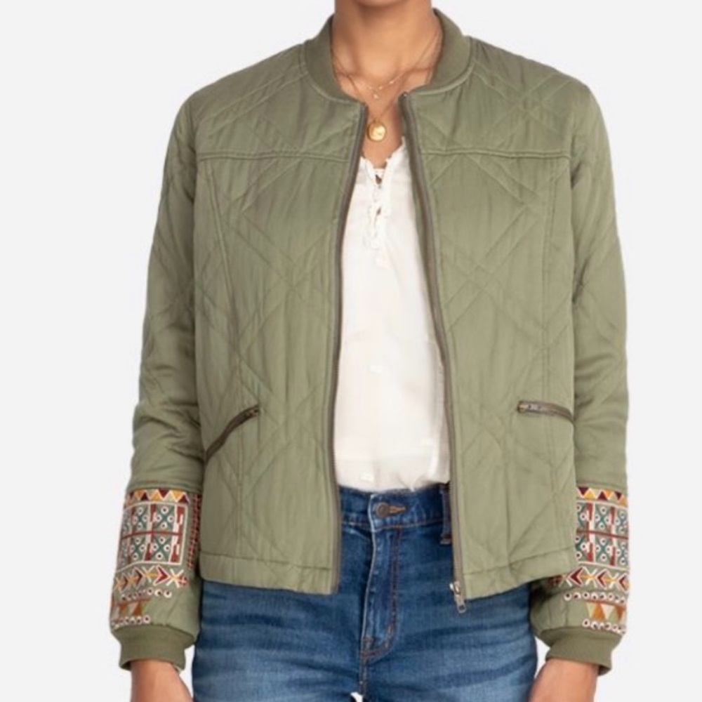Johnny Was Workshop Leigh Bomber Quilted Jacket XL Embroidered Green